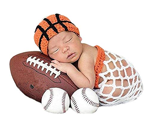 Newborn Infant Photography Props Basketball Crochet Costume Orange Hat+White Basket Photo Shoot Props