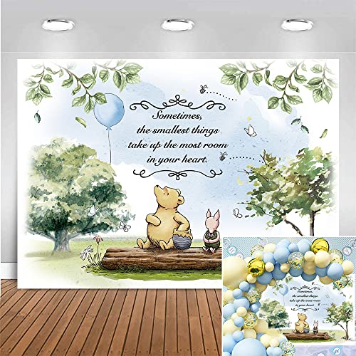 Classic Little Bear Cartoon Animal Backdrop Boy Kids Blue Balloon Birthday Photo Background Newborn Baby Shower Party Supplies Cake Table Decoration Backdrop 5x3FT