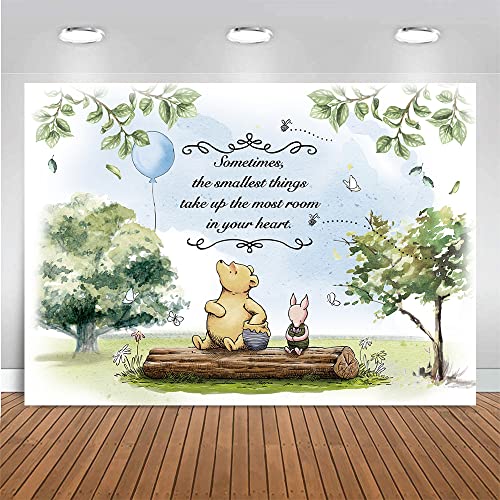 Classic Little Bear Cartoon Animal Backdrop Boy Kids Blue Balloon Birthday Photo Background Newborn Baby Shower Party Supplies Cake Table Decoration Backdrop 5x3FT