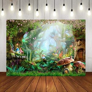 PASRLOLV 7x5ft Alice in Wonderland Backdrop, Fairy Tale Photo Backdrop, Forest Photography Background for Boy Girl Birthday Party Banner Newborn Baby Shower Decoration Photo Booth Prop, Vinyl