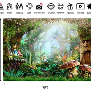 PASRLOLV 7x5ft Alice in Wonderland Backdrop, Fairy Tale Photo Backdrop, Forest Photography Background for Boy Girl Birthday Party Banner Newborn Baby Shower Decoration Photo Booth Prop, Vinyl