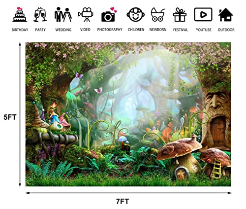 PASRLOLV 7x5ft Alice in Wonderland Backdrop, Fairy Tale Photo Backdrop, Forest Photography Background for Boy Girl Birthday Party Banner Newborn Baby Shower Decoration Photo Booth Prop, Vinyl