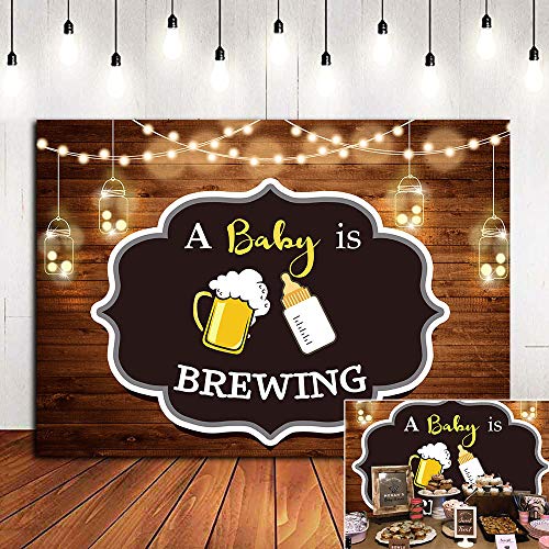 A Baby is Brewing Themed Photography Backdrop for Baby Shower Party Banner Decorations Vinyl 7x5ft Beer Bottle Rustic Wood Glitter Photo Background Photo Booth Studio Props Cake Table Supplies