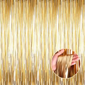 halloweendecorate 4 pack champagne gold foil fringe curtain backdrop, 3.28ft x 8.2ft metallic tinsel streamer curtains for party, photo booth props, birthday, graduation decoration party supplies
