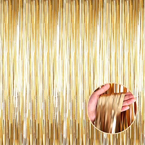 HalloweenDecorate 4 Pack Champagne Gold Foil Fringe Curtain Backdrop, 3.28Ft x 8.2Ft Metallic Tinsel Streamer Curtains for Party, Photo Booth Props, Birthday, Graduation Decoration Party Supplies