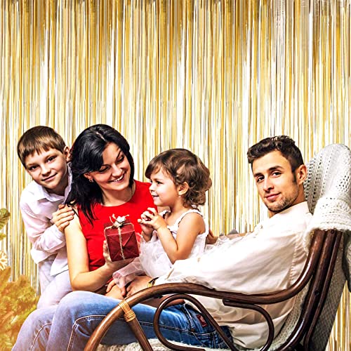 HalloweenDecorate 4 Pack Champagne Gold Foil Fringe Curtain Backdrop, 3.28Ft x 8.2Ft Metallic Tinsel Streamer Curtains for Party, Photo Booth Props, Birthday, Graduation Decoration Party Supplies