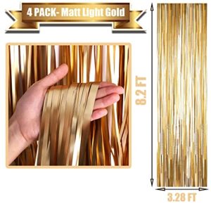 HalloweenDecorate 4 Pack Champagne Gold Foil Fringe Curtain Backdrop, 3.28Ft x 8.2Ft Metallic Tinsel Streamer Curtains for Party, Photo Booth Props, Birthday, Graduation Decoration Party Supplies