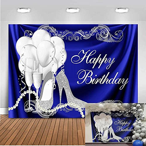 Mocsicka Royal Blue Happy Birthday Backdrop Silver High Heels Balloons Champagne Party Cake Table Decorations Sweet 16th Adult's Bday Photography Background (7x5ft)