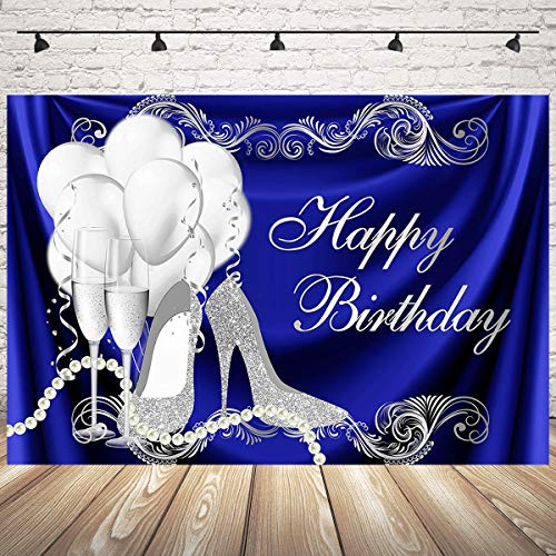 Mocsicka Royal Blue Happy Birthday Backdrop Silver High Heels Balloons Champagne Party Cake Table Decorations Sweet 16th Adult's Bday Photography Background (7x5ft)