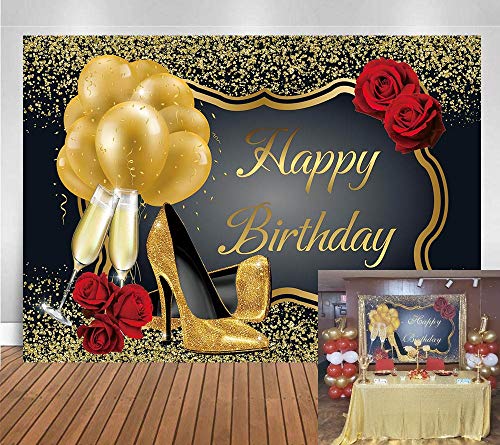 GYA 7x5ft Glitter Gold Happy Birthday Backdrop Red Rose Floral Golden Balloons Heels Champagne Glass Background for Women Birthday Party Decorations Birthday Party Supplies