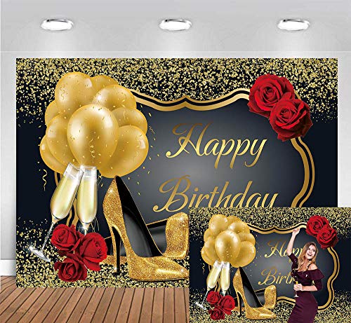 GYA 7x5ft Glitter Gold Happy Birthday Backdrop Red Rose Floral Golden Balloons Heels Champagne Glass Background for Women Birthday Party Decorations Birthday Party Supplies