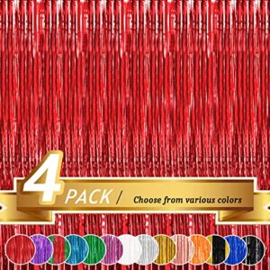 btsd-home red foil fringe curtain, metallic photo booth backdrop tinsel door curtains for wedding birthday bridal shower baby shower bachelorette christmas party decorations(4 pack, 8ft x 3ft)