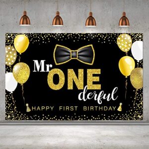 mr. onederful birthday party decorations for boys happy 1st birthday banner backdrop large first birthday cake table decor mr one party favor supplies (black and gold)