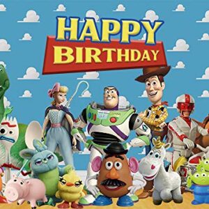 7x5ft Toy Story Theme Happy Birthday Party Photography Backdrops Blue Sky White Clouds Indoor Banner Kids Birthday Party Photo Background Cake Table Decoration Supplies Studio Booth Props