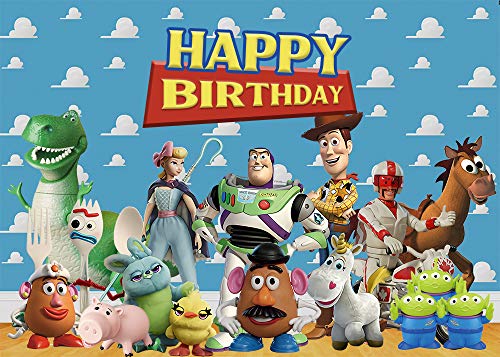 7x5ft Toy Story Theme Happy Birthday Party Photography Backdrops Blue Sky White Clouds Indoor Banner Kids Birthday Party Photo Background Cake Table Decoration Supplies Studio Booth Props