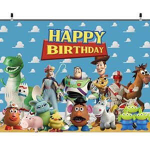 7x5ft Toy Story Theme Happy Birthday Party Photography Backdrops Blue Sky White Clouds Indoor Banner Kids Birthday Party Photo Background Cake Table Decoration Supplies Studio Booth Props