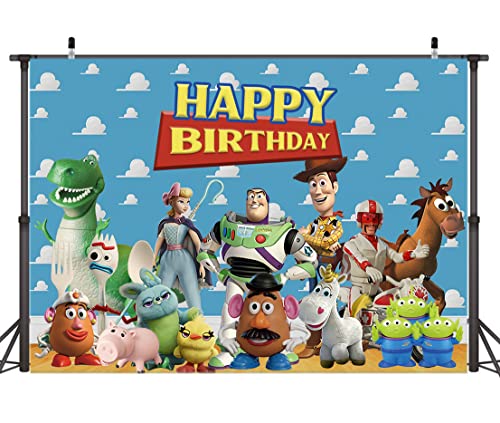 7x5ft Toy Story Theme Happy Birthday Party Photography Backdrops Blue Sky White Clouds Indoor Banner Kids Birthday Party Photo Background Cake Table Decoration Supplies Studio Booth Props