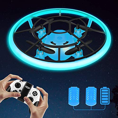 HR Mini Drones For Kids,RC Drone For Beginners With Neno Light,RC Helicopter Quadcopter With Altitude Hold,360° Rotating,Shinning Led Lights,2 Batteries,Kids Gifts Toys For Boys Girls (Blue)