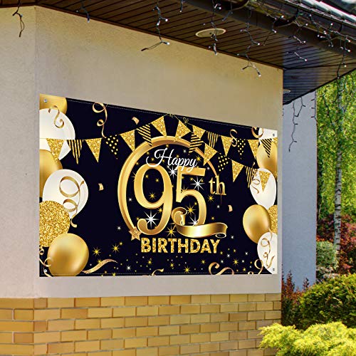 Birthday Party Decoration Extra Large Fabric Black Gold Sign Poster for Anniversary Photo Booth Backdrop Background Banner, Birthday Party Supplies, 72.8 x 43.3 Inch (95th)