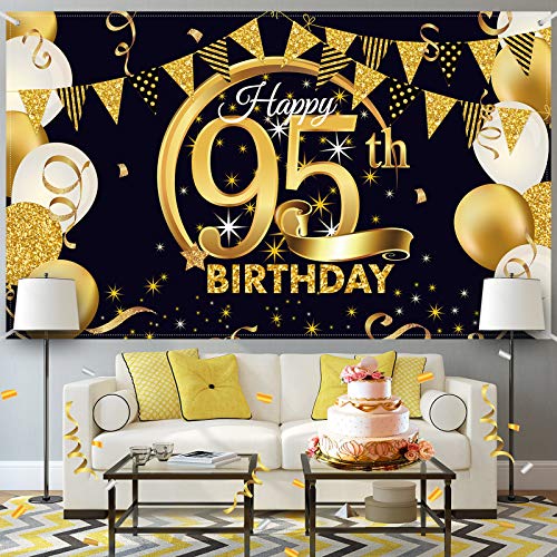 Birthday Party Decoration Extra Large Fabric Black Gold Sign Poster for Anniversary Photo Booth Backdrop Background Banner, Birthday Party Supplies, 72.8 x 43.3 Inch (95th)