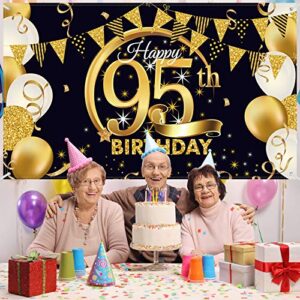 Birthday Party Decoration Extra Large Fabric Black Gold Sign Poster for Anniversary Photo Booth Backdrop Background Banner, Birthday Party Supplies, 72.8 x 43.3 Inch (95th)