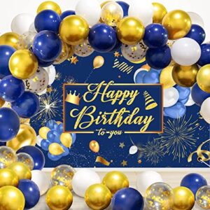 INPHER Happy Birthday Backdrop Navy Blue and Gold Birthday Decorations Backdrop 55 Pack Navy Blue Gold Balloon Arch Garland Kit Happy Birthday Banner Party Decorations for Kids Men Women