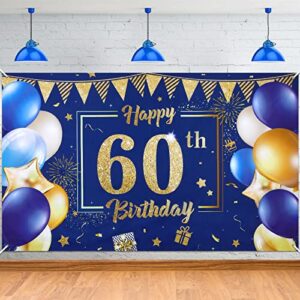 blue 60th birthday decoration banner for men women, navy blue gold happy 60th birthday banner backdrop, large blue sixty years old birthday anniversary banner photography background party décor