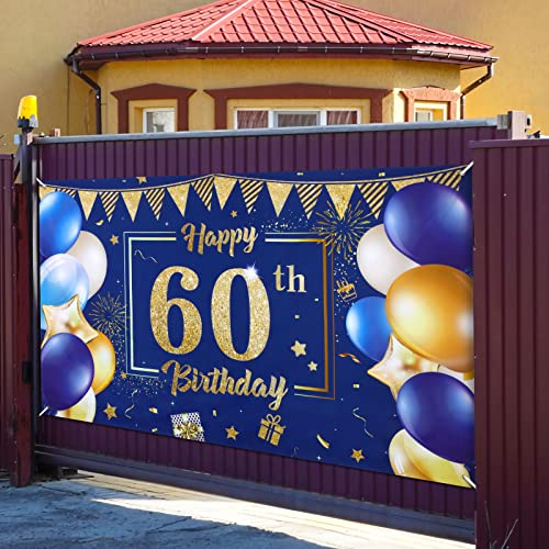 Blue 60th Birthday Decoration Banner for Men Women, Navy Blue Gold Happy 60th Birthday Banner Backdrop, Large Blue Sixty Years Old Birthday Anniversary Banner Photography Background Party Décor