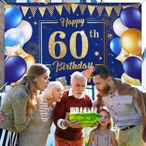 Blue 60th Birthday Decoration Banner for Men Women, Navy Blue Gold Happy 60th Birthday Banner Backdrop, Large Blue Sixty Years Old Birthday Anniversary Banner Photography Background Party Décor