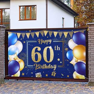 Blue 60th Birthday Decoration Banner for Men Women, Navy Blue Gold Happy 60th Birthday Banner Backdrop, Large Blue Sixty Years Old Birthday Anniversary Banner Photography Background Party Décor