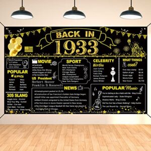 darunaxy 90th birthday black gold party decoration, back in 1933 banner 90 year old birthday party poster supplies, 6×3.6ft large fabric vintage 1933 backdrop photography background for men and women