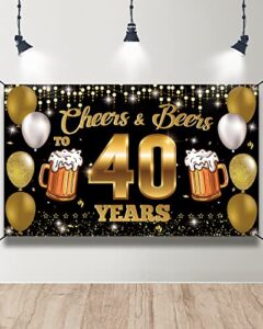 htdzzi cheers to 40 years backdrop banner, happy 40th birthday decoration for men women, 40th wedding anniversary, black gold 40 year old birthday party sign poster, class reunion decor, 6.1ft x 3.6ft