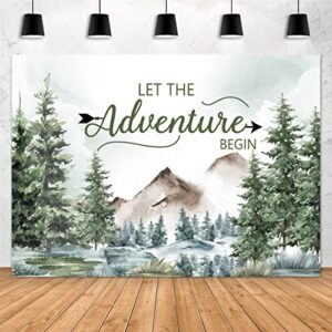 aperturee adventure awaits baby shower backdrop 7x5ft let the begin pine tree mountain wilderness woodland animals photography background forest party decorations photo booth props, multicolor