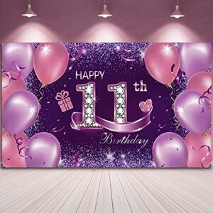 happy birthday party decorations, large fabric happy 11th anniversary birthday backdrop photo booth background with rope for girls birthday party favor banner, 72.8 x 43.3 inch, pink purple