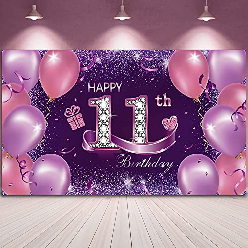 Happy Birthday Party Decorations, Large Fabric Happy 11th Anniversary Birthday Backdrop Photo Booth Background with Rope for Girls Birthday Party Favor Banner, 72.8 x 43.3 Inch, Pink Purple