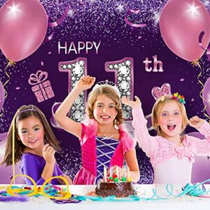 Happy Birthday Party Decorations, Large Fabric Happy 11th Anniversary Birthday Backdrop Photo Booth Background with Rope for Girls Birthday Party Favor Banner, 72.8 x 43.3 Inch, Pink Purple