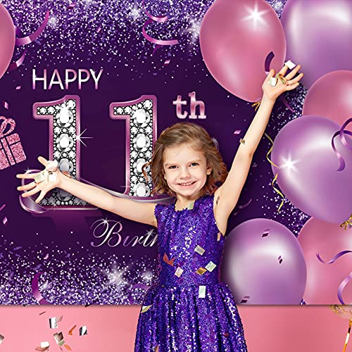 Happy Birthday Party Decorations, Large Fabric Happy 11th Anniversary Birthday Backdrop Photo Booth Background with Rope for Girls Birthday Party Favor Banner, 72.8 x 43.3 Inch, Pink Purple