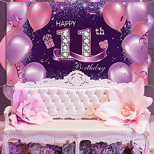 Happy Birthday Party Decorations, Large Fabric Happy 11th Anniversary Birthday Backdrop Photo Booth Background with Rope for Girls Birthday Party Favor Banner, 72.8 x 43.3 Inch, Pink Purple