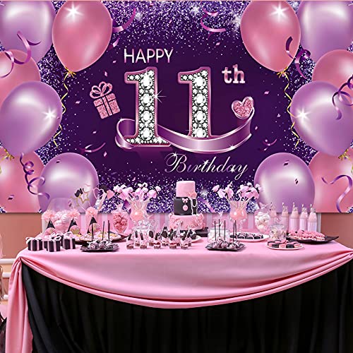 Happy Birthday Party Decorations, Large Fabric Happy 11th Anniversary Birthday Backdrop Photo Booth Background with Rope for Girls Birthday Party Favor Banner, 72.8 x 43.3 Inch, Pink Purple