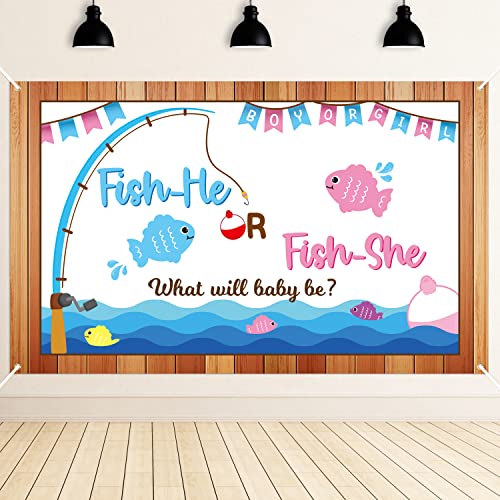 Gone Fishing Gender Reveal Poster Photo Backdrop,Fish She or Fish He Gender Reveal for Baby Boy or Girl Sign Baby Shower Decoration of Gender Reveal Backdrop