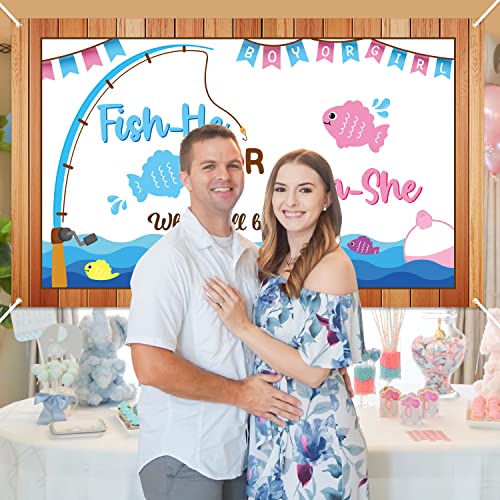 Gone Fishing Gender Reveal Poster Photo Backdrop,Fish She or Fish He Gender Reveal for Baby Boy or Girl Sign Baby Shower Decoration of Gender Reveal Backdrop