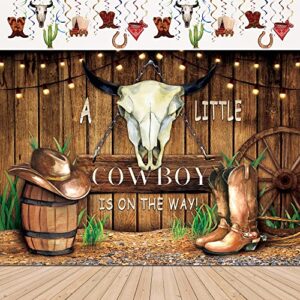 lightinhome cowboy baby shower backdrop 7wx5h feet for rustic wooden pattern cowboy western hat a little cowboy is on the way photography background decorations photo booth studio prop fabric
