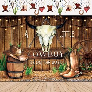 LIGHTINHOME Cowboy Baby Shower Backdrop 7Wx5H Feet for Rustic Wooden Pattern Cowboy Western Hat A Little Cowboy is On The Way Photography Background Decorations Photo Booth Studio Prop Fabric