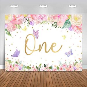 mocsicka butterfly floral birthday backdrop girls princess watercolor flowers golden dots background banner vinyl happy 1st first birthday party decoration cake table photo booth (7x5ft)