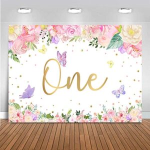 Mocsicka Butterfly Floral Birthday Backdrop Girls Princess Watercolor Flowers Golden Dots Background Banner Vinyl Happy 1st First Birthday Party Decoration Cake Table Photo Booth (7x5ft)