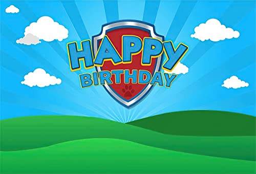 5x3ft Puppy Dog Happy Birthday Photography Backdrops Shield Blue Sky Boys Birthday Party Table Banner Background for 1st