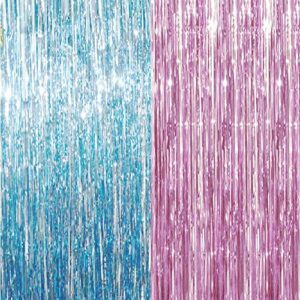 goer 3.2 ft x 9.8 ft metallic tinsel foil fringe curtains for gender reveal photo backdrop wedding decor(2 packs,pink&blue)