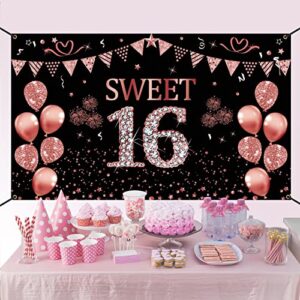 Trgowaul Sweet 16 Birthday Decorations for Girls,Rose Gold Sweet 16 Photo Backdrop Banner, Sixteen Birthday Party Sign Photography Supplies, Pink Sweet 16 Decorations Poster Background Decor