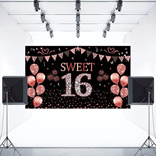 Trgowaul Sweet 16 Birthday Decorations for Girls,Rose Gold Sweet 16 Photo Backdrop Banner, Sixteen Birthday Party Sign Photography Supplies, Pink Sweet 16 Decorations Poster Background Decor