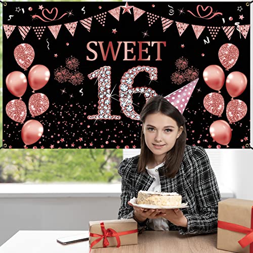 Trgowaul Sweet 16 Birthday Decorations for Girls,Rose Gold Sweet 16 Photo Backdrop Banner, Sixteen Birthday Party Sign Photography Supplies, Pink Sweet 16 Decorations Poster Background Decor